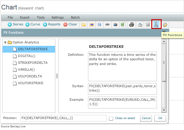 Click on the fx button in the Chart Tool